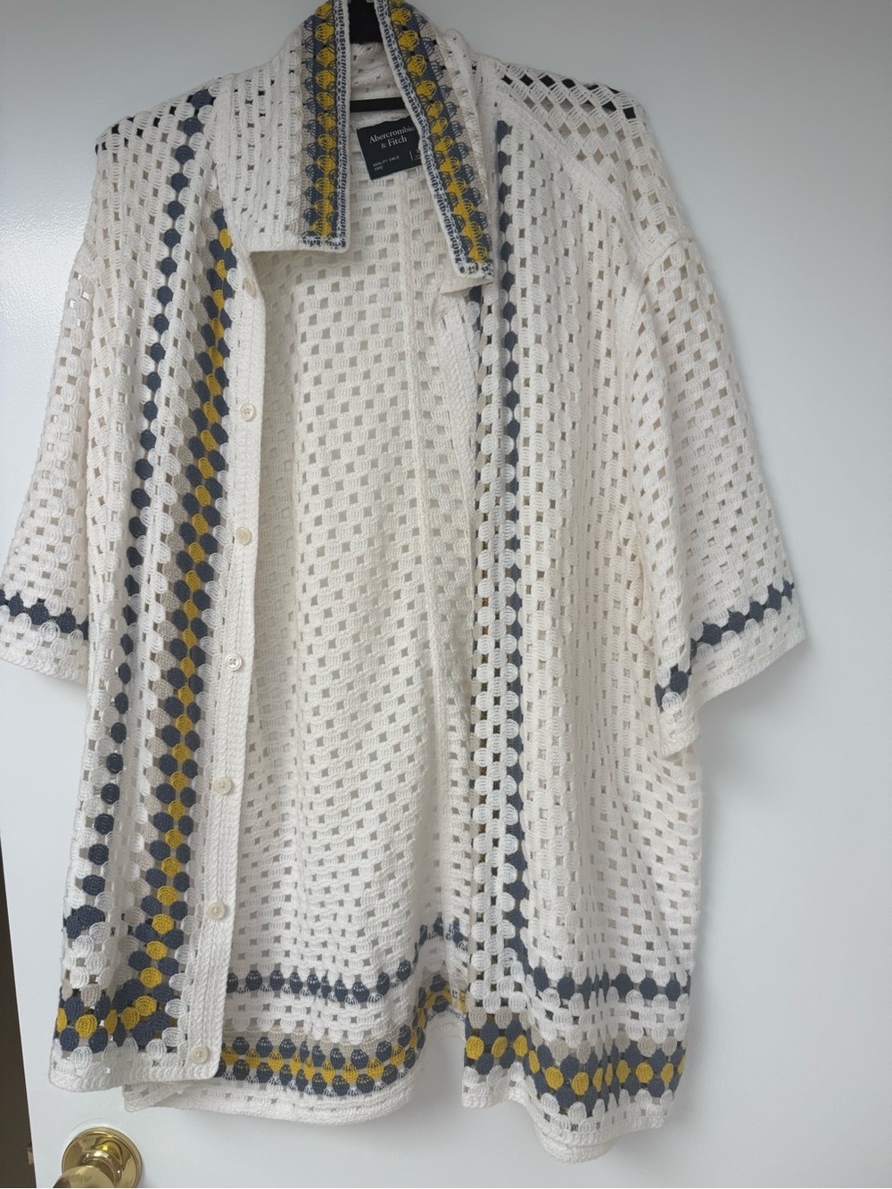 Abercrombie & Fitch Men’s Cream Crochet Button-Down Shirt with Yellow & Navy Tri